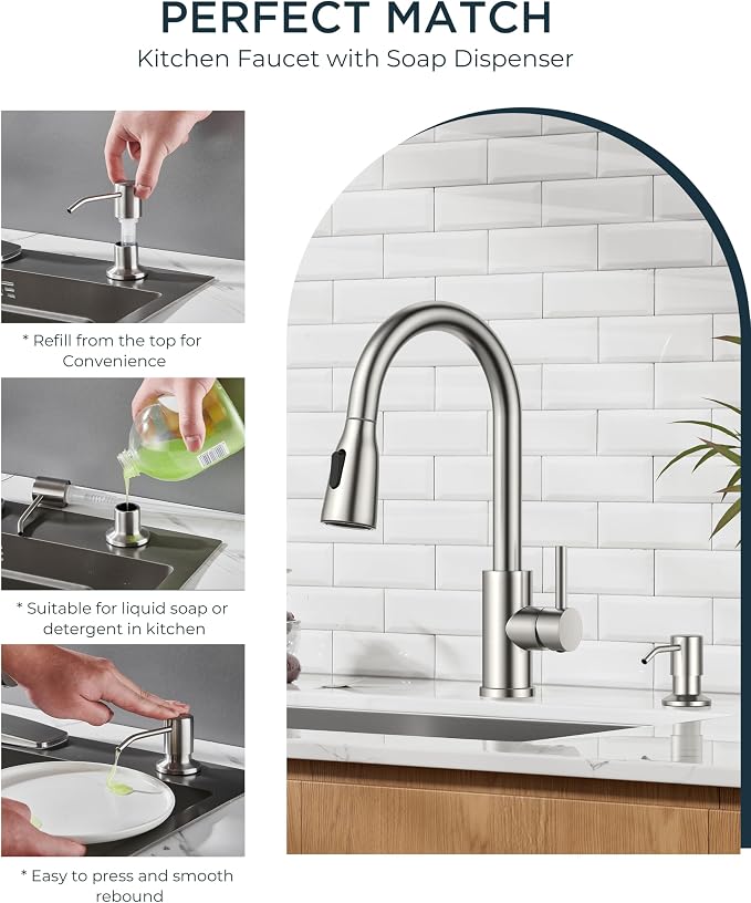 FORIOUS LED Kitchen Faucet with Soap Dispenser, Pull Down Sprayer, Brushed | Stainless Steel Single Handle, Transitional Bar Sink Faucet with LED Light Sprayer, Suitable for Outdoor Rv Laundry Camper