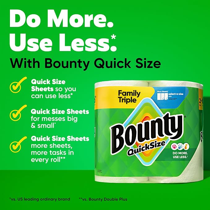 Bounty Quick-Size Paper Towels, White, 12 Family Triple = 40 Regular Rolls