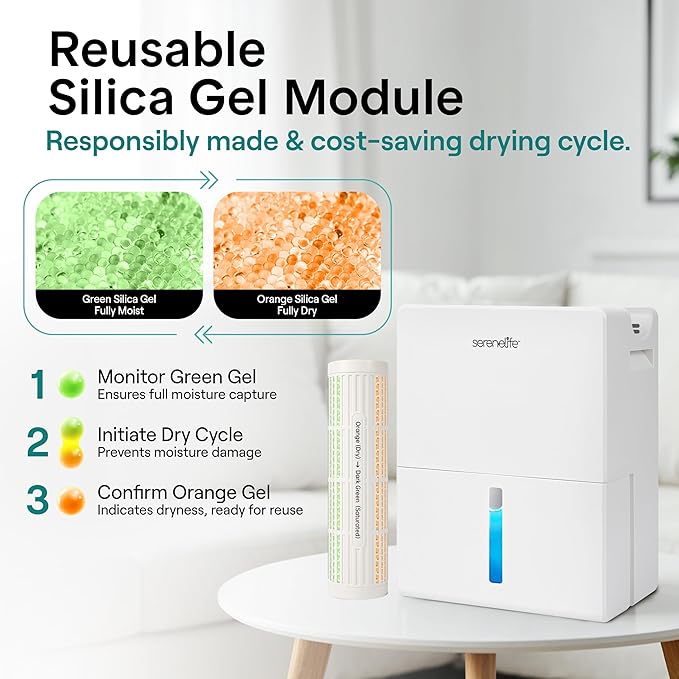 SereneLife 91 OZ Dehumidifier For Home | Covers 1200 SQ FT For Basements, Bedrooms, Bathrooms & Offices | Includes Removable Natural Dehumidifier For Closet | Set Timer, Sleep Mode & Humidity | White