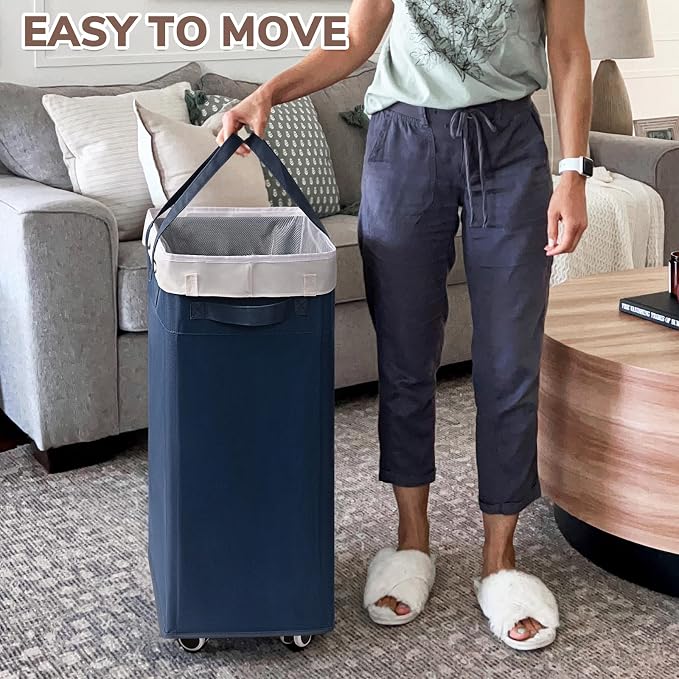 CHICVITA Laundry Basket with Wheels, 75L Laundry Hamper for Dirty Clothes, College Dorm Essentials, Clothes Hamper for Livng Room, Blue