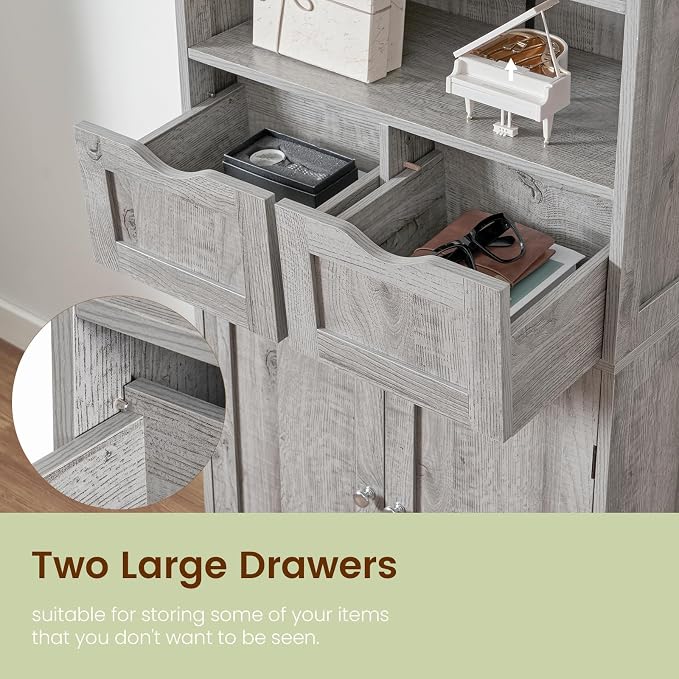 Iwell Storage Cabinet with 2 Drawers & Adjustable Shelf, Tall Bathroom Cabinet with Doors, Cupboard, Kitchen Cabinets for Living Room, Dining Room, Entryway, Grey