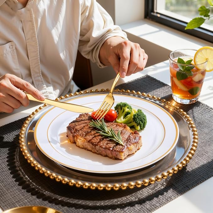 WDF Partyware 350Piece Gold Dinnerware Set for 50 Guests - Gold Plastic Plates with Disposable Cutlery - 50Dinner Plates-50Dessert Plates-50Pre Rolled Napkins with Silverware for Wedding/Birthday