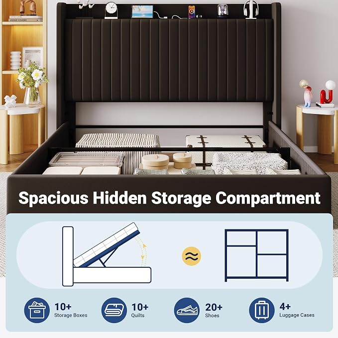 Allewie King Lift Up Storage Hydraulic Bed Frame,Charging Station,Black | Storage Shelf Headboard with Charging Station,Type-C,USB Ports,Hydraulic Support,Velvet Upholstered,No Box Spring Needed