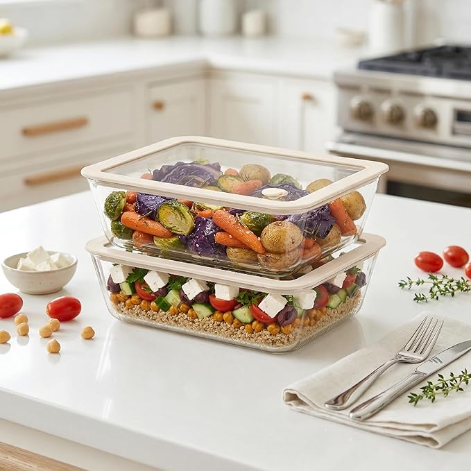 Glass Food Container Set with Glass Lid, Large Meal Prep Container Set, Airtight Food Storage Containers with Air Vent Lid, 2 Pack, Large, 87oz, LeakProof, 100% Plastic Free, White color,