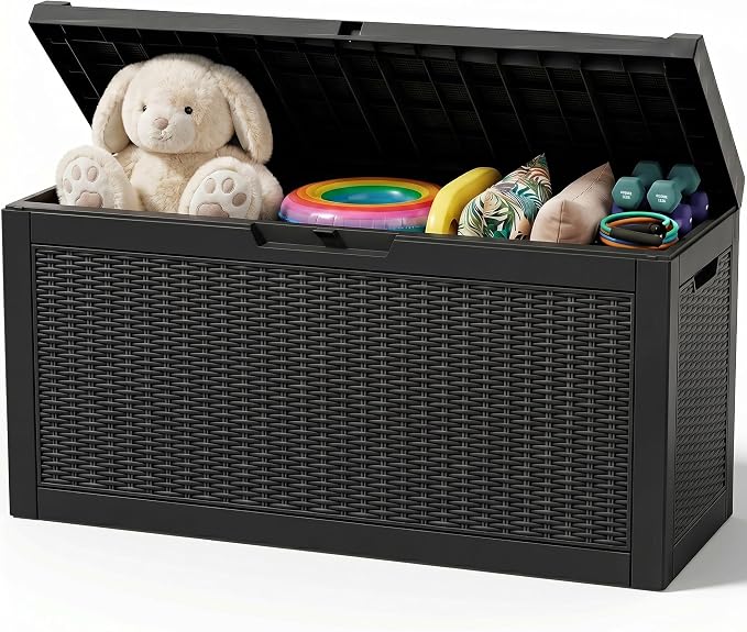 Outdoor Storage Box,98 Gallon Waterproof Resin Patio Deck Box | UV Resistant Lockable Package Delivery Bin, Toy Cabinet, Shoe & Garden Tools Storage, Ottoman, Indoor/Outdoor