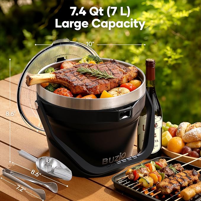 BUZIO 7.4 Qt/7 L Large Insulated Ice Bucket with Lid and Scoop & Tongs | Double Wall Vacuum Stainless Steel Beer Bucket, Holds 6 Longnecks or 3 Wine Bottles, for Parties, Cocktail Bar, Camping