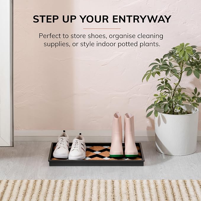 Anji Mountain Heavy Duty Waterproof Rubber Shoe Storage Mat Organizer/Boot Storage Tray Multi Use for Entryway with Coir, Tan and Ivory Insert, Fits 2 Pair (24.5" Wide)