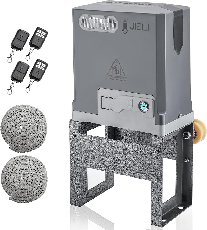 JIELI 3300 lb Automatic Sliding Gate Opener with 4 Remote Controls, Electric Rolling Driveway Slide Gate Motor, Complete Gate Operator Hardware Security System Kit for Sliding Gate Up to 40 Feet