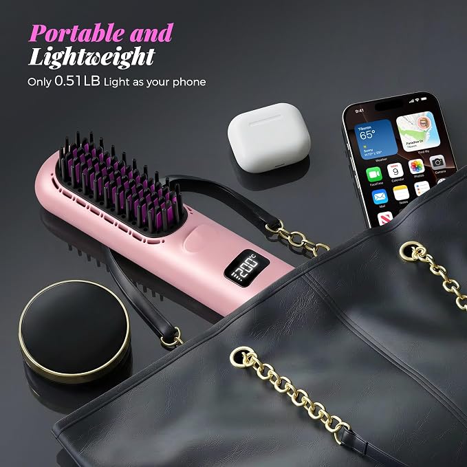 Go Brush Pro 2026, Cordless Hair Straightener Brush, Mini Hair Straightener with 3 Temperature Settings, Portable Hair Straightener Brush with MCH Heating and Ionic & Ceramic Care for Women (Pink)