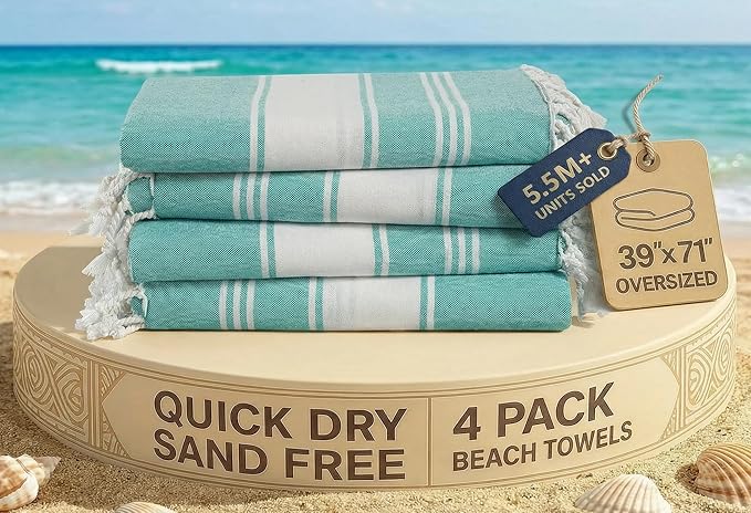 LANE LINEN Oversized Beach Towel, Beach Towels 4 Pack, Soft - Hunter Green | Pre-Washed Pool Towel - Quick Dry & Sand Free - 39"x71", Vacation Essential - Machine Washable, Travel & Camping, All-Season