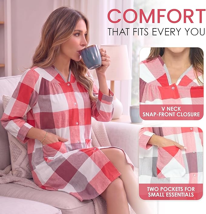 Casual Nights Women's Floral Snap Front Flannel Duster Long Sleeve Lounger Dress