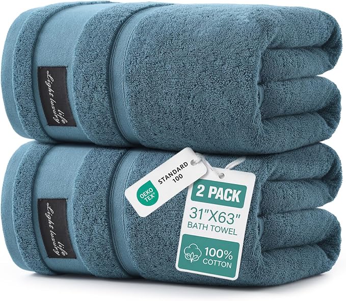 REDKISS 2 Pack Large Bath Towels, 100% Cotton, 31x63 in,Heavyweight 760G, Highly Absorbent & Quick Dry, Super Soft Luxury Shower Towels for Bathroom,Hotel Collection - Blue