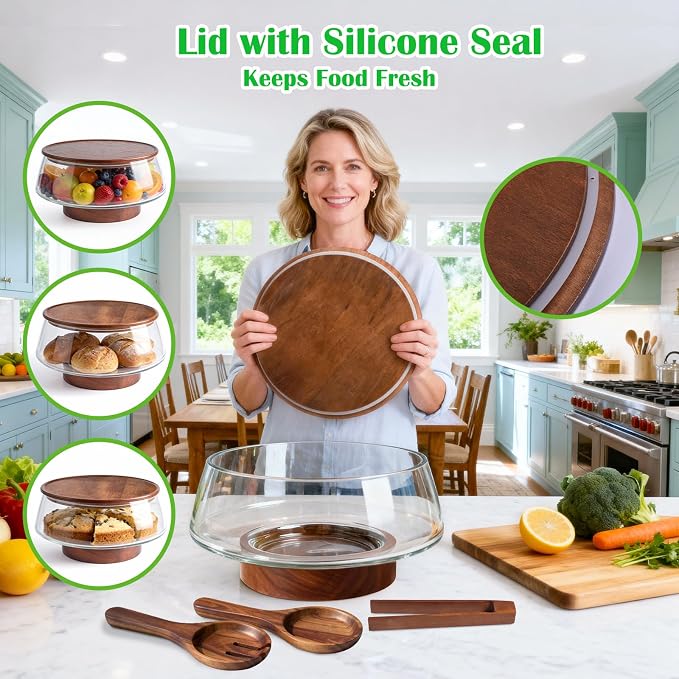 Extra Large Glass Salad Bowl with Lid Set, 5-Qt (160 fl oz) Mixing/Serving Bowl with Wood Base & Salad Servers, Trifle Bowl for Kitchen, Parties & Christmas