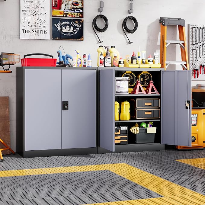 Metal Storage Cabinets with Lock Door,2 Adjustable Shelves Organizer Steel Storage Cabinets for Home,Office,Warehouse,Garage,Employee Lockers(Black Gray)