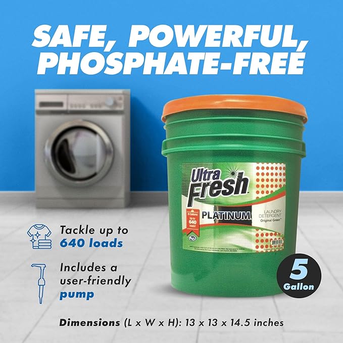 Ultra Fresh Liquid Laundry Detergent Washing Soap, 3X Platinum, 5 Gal, Original Green - Household Cleaning Supplies and Accessories for Clothing and Fabric Items
