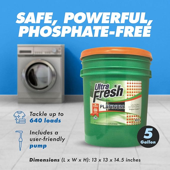 Ultra Fresh 3X Platinum Laundry Detergent, 5 Gallon, Bundled with Platinum Spring Fresh Fabric Softener and Pump, Up to 640 Loads, Orange/Blue