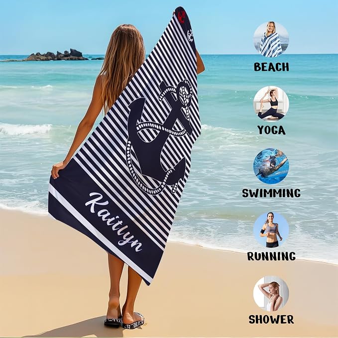 JML Personalized Beach Towel with Name, Custom Anchor Beach Towel, Customized Microfiber Pool Towel, Quick Dry & Absorbent Swim Towel for Adult,Anniversary, Birthday, Summer Holiday,Vacation