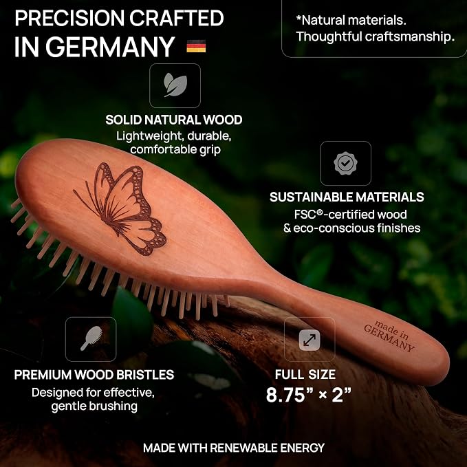 Natural Wooden Hair Brush for Women – Anti Breakage Wood Bristle Brush with Pear Wood Handle, Gentle Scalp Massage, Anti-Static, Made in Germany – Best Rated for All Hair Types