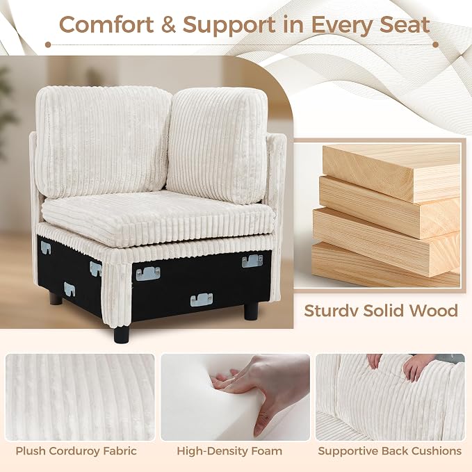 U-Shaped Couch with Pull Out Bed, Sectional Sleeper Sofa, White | Hidden Storage, USB & Type-C Port, Cup Holders, Cloud Corduroy, Modular Design for Living Room, Apartment, Easy Assembly