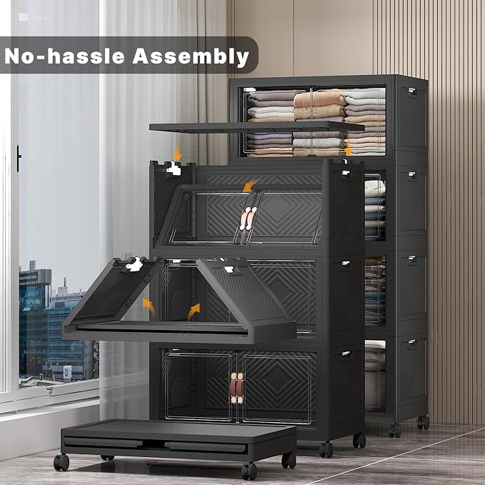 Stackable Storage Bins, 480QT Collapsible Drawers with 1 Lid | Large Capacity, Magnetic Door, Stack Lock, Rolling Wheels, Foldable Design, Organizers and Storage for Bedroom Dorm Garage