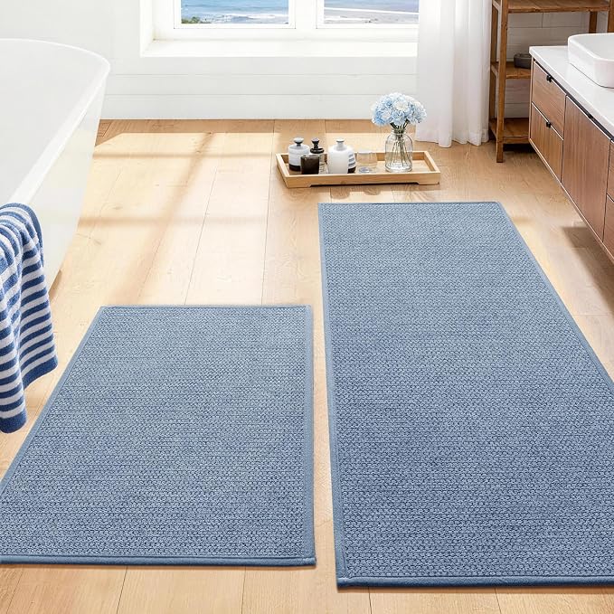 YIHOUSE Navy Blue Bathroom Rugs Sets 2 Piece, Quick Dry Thin Bath Mat, Non Slip Absorbent Machine Washable, Bath Runner Rug for Bathtub Sink Home Decor (17"x24" + 17"x47")