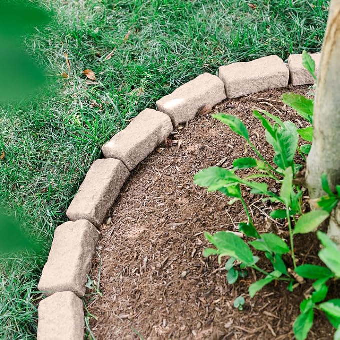 Landscape Edging | Garden Edging Border | Polyrock Bricks for Lawn edging, Flower beds, Pathways & Yard Edging– 4 Packs | Each Section Has 6 Bricks 48"L x 4"W x 2.25"H | 12 Spikes |Cobblestone