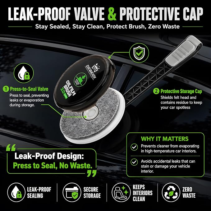 Car Window Oil Film Remover, Long Handle Glass Emulsion Cleaner | Efficient Felt Brush & Windshield Cleaner, Built In Leakproof Valve, 150ml Prefilled + 120ml Refill Bottle
