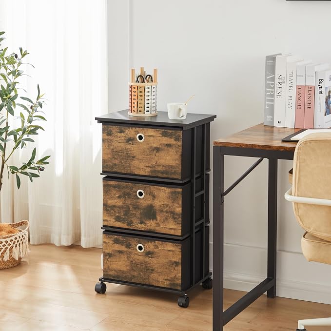 MAX Houser Dresser Storage with 3 Drawers, Fabric Tower Nightstand, Chest of Drawers,Vertical Storage Unit Organizer for Closets,Bedroom,Dorm, Wood Top, Rustic Brown Wood Grain Print