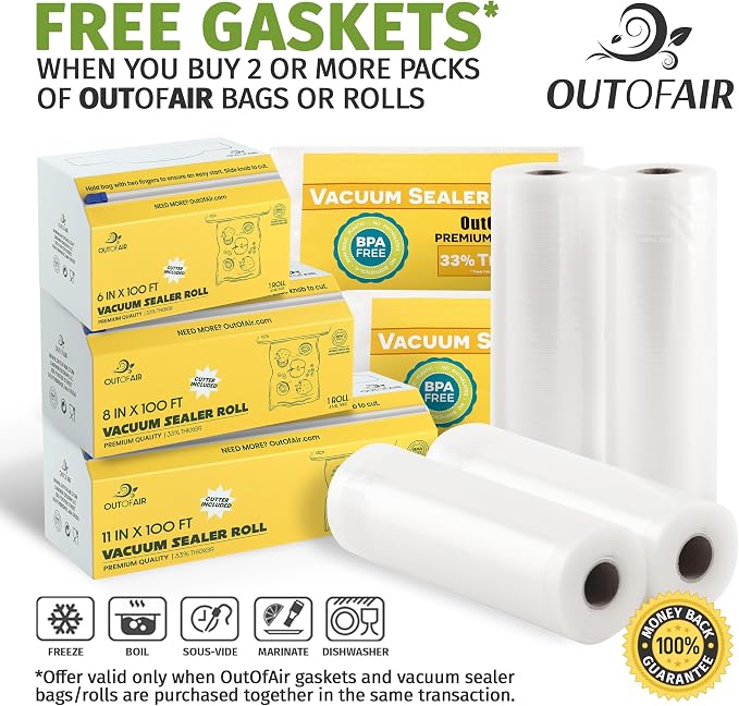 8" x 25' Rolls (Fits Inside Machine) - BULK 8 Pack (200 ft total) OutOfAir Vacuum Sealer Rolls Works With FoodSaver & Other Machines, 33% Thicker BPA Free Sous Vide Commercial Grade Bags