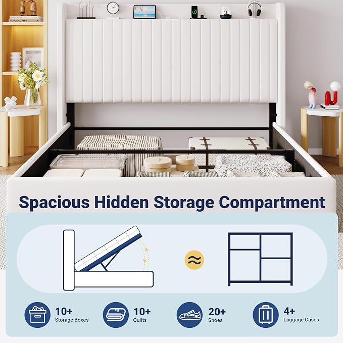 Allewie King Lift Up Storage Hydraulic Bed Frame,Charging Station,White | Storage Shelf Headboard with Charging Station,Type-C,USB Ports,Hydraulic Support,Velvet Upholstered,No Box Spring Needed