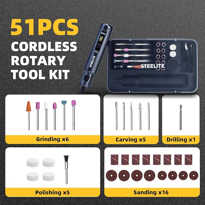 STEELITE Mini Cordless Rotary Tool, 6-Speed Rotary Tool Kit with 50 Accessories, Multi-Purpose and USB Charging 3.7V Power Rotary Tool for Engraving, Sanding, Polishing, Drilling, Etching, DIY Crafts