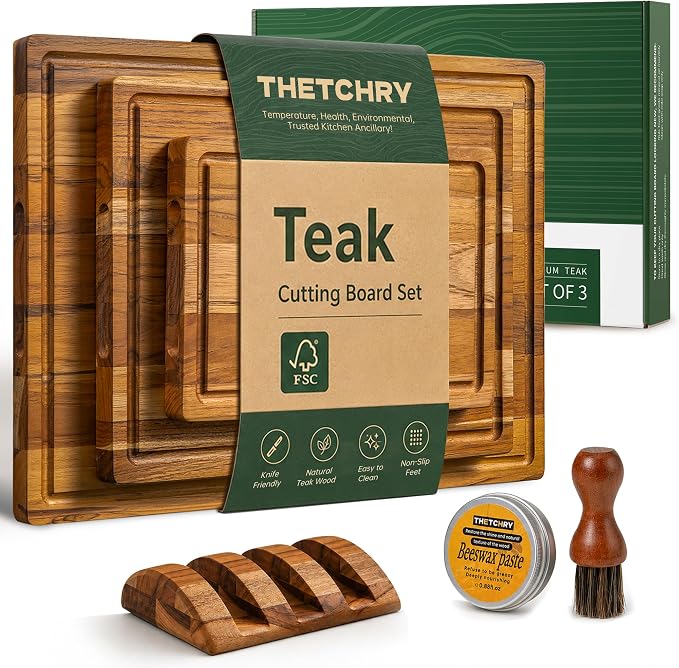 Teak Wood Cutting Board Set of 3 Wooden Cutting Boards for Kitchen | Premium Teak Wood • FSC Certified • Deep Juice Groove • Built-In Handles • Non-Slip Feet • 3 Practical Sizes • Gift-Ready Box