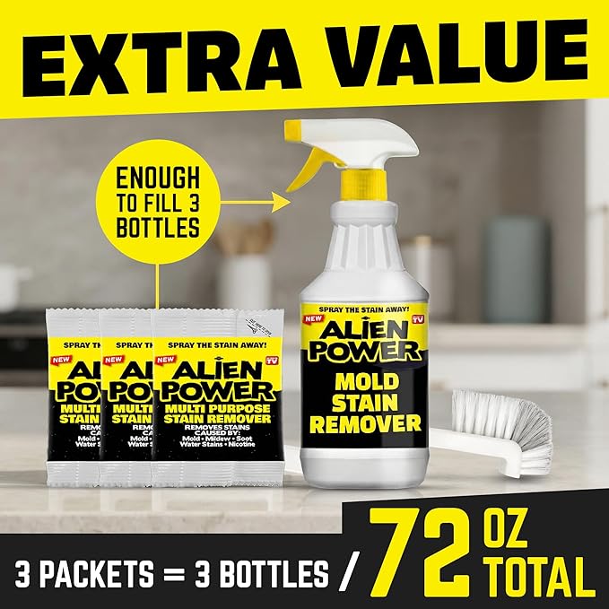 Alien Power Instant Stain Remover Spray for Mold and Mildew and Grout, All Purpose No-Scrub Cleaner for Bathroom & Household Surfaces, Tiles, Wall & Washing Machines - 3 Packets (Makes 72 Fl Oz)