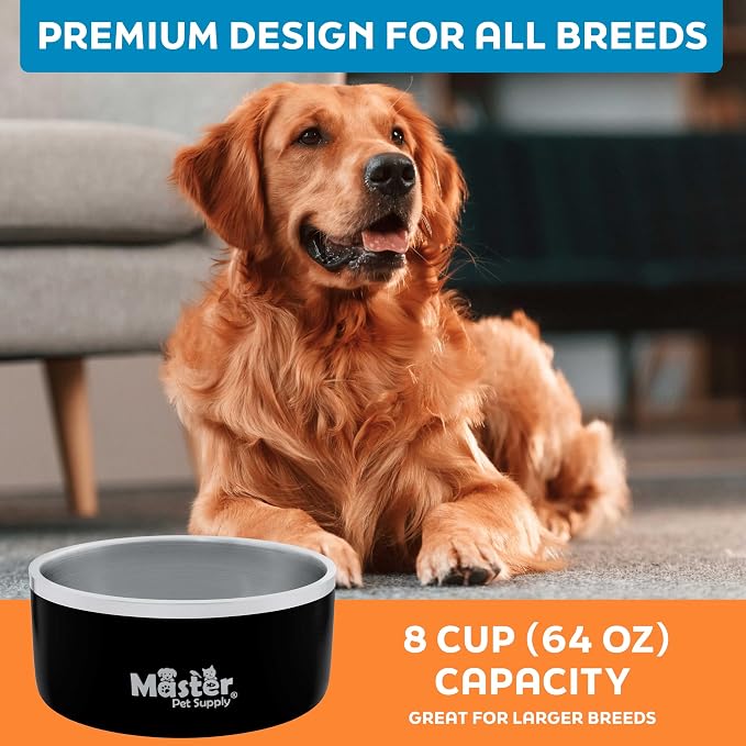 Master Pet Supply Stainless Steel Dog Bowls - 64 oz, Heavy Duty - Black Velvet, Double Wall Extra-Thick Insulated, Non-Slip Pet Water Bowl for Dogs, Cats & Pets, Anti Rust Metal, Dish Washer Safe