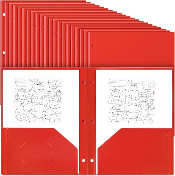 Yeaqee 100 Pcs Plastic Folders with Pockets Bulk 3 Hole Punched 2 Pocket File Folders for 3 Ring Binder Divider Folder for Notebooks, Durable Poly for Office Home (Red)