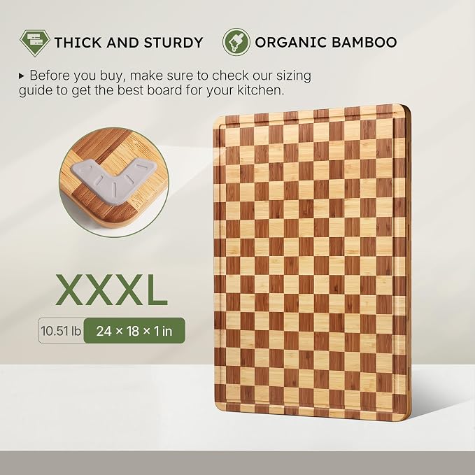 24”Extra Large Bamboo Cutting Boards for Kitchen Wooden Checkered Cutting Board Heavy Duty Butcher Block Healthy End Grain Charcuterie Board Non Slip XXXL Wood Over Sink Decorative Chopping Board