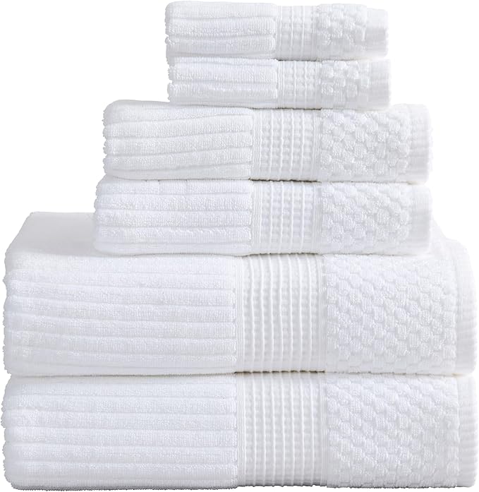 Springtree Home 100% Cotton Bath Towel Set | 6-Piece Set | Textured | White | Absorbent & Quick-Dry Bathroom Towels | Textured and Durable Cotton Towels for Bathroom | OEKO-TEX | Krista Collection