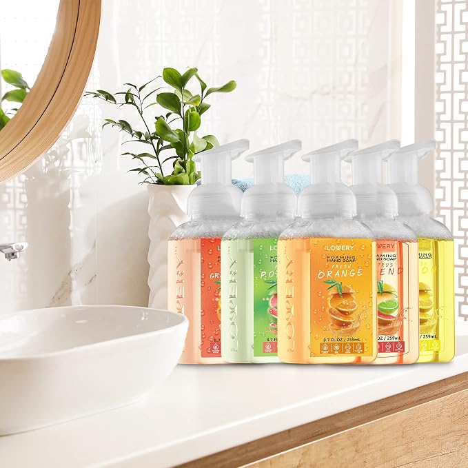 Foaming Hand Soap Pump - 5-PK - Moisturizing Hand Soap Foam with Aloe Vera & Essential Oils - Alcohol-Free Hand Wash in Citrus Blend, Lemon, Orange, Lime, Grapefruit Fragrances for Kitchen & Bathroom