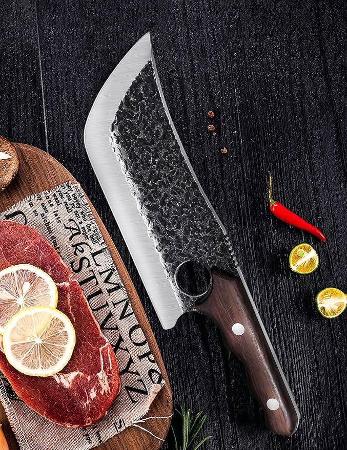 DRGSKL Hand Forged Meat Cleaver Knife with Belt Sheath and Gift Box | Japanese ATS-34 Steel, Hand Forged Full Tang Knife, Ebony Handle, Belt Sheath, Gift Box, Anti-stick Pounding Texture