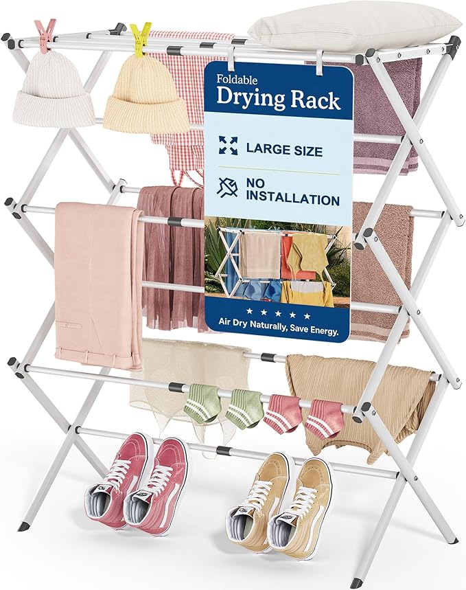 APEXCHASER Oversize Clothes Drying Rack, 3-Tier Drying Rack Clothing, Expandable Metal Laundry Drying Rack, Air Drying Rack, Clothes Rack, No install, 24lb Capacity, 14.9" D x 29.3" W x 39.3" H, White