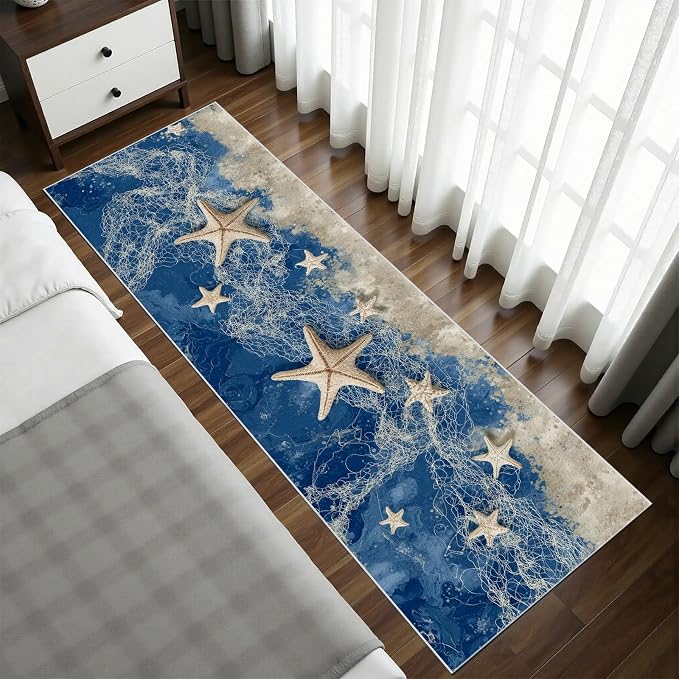 Summer Seaside Hallway Runner Rug 4x10 - Starfish Fishing Net Washable Non Slip Runners Rug, Sea Beach Soft Low Pile Ktichen Rugs for Entrance Corridor Living Room Bedroom