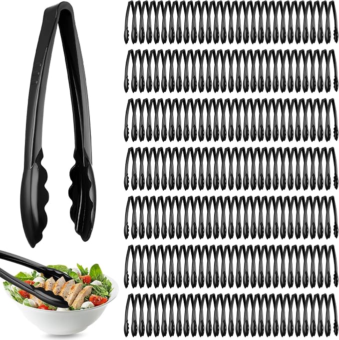 Tessco for you 200 Pcs Plastic Tongs for Serving Bulk, 9 Inch Plastic Disposable Serving Tongs, Heavy Duty Salad Tong for Kitchen, Buffet, BBQ, Events & Catering (Black)