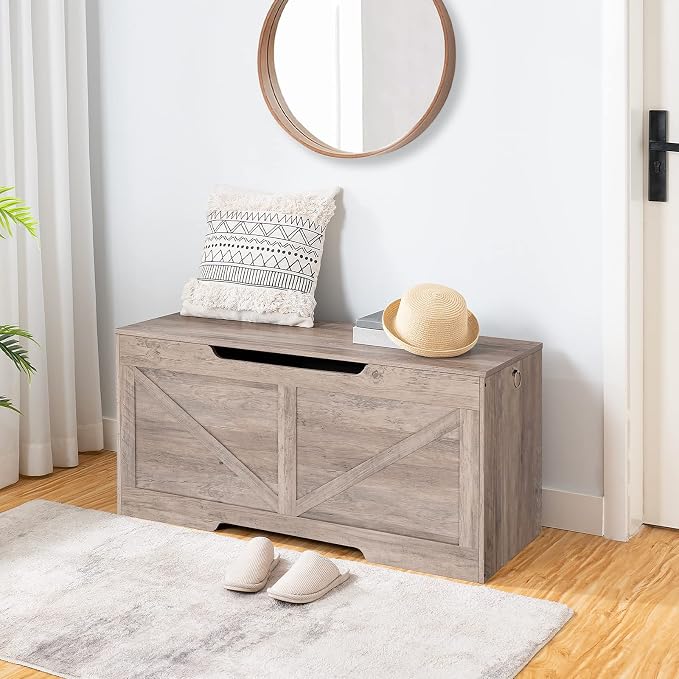 HOOBRO Storage Bench, 43.3” Retro Wooden Storage Chest with U-Shaped Cut-Out Pull, Safety Hinge, Supports 220 lb and Easy Assembly for Toy Box Organizer (Greige) BG772CW01