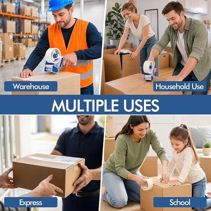 2 Pack Heavy Duty Packing Tape Dispenser Gun with 12 Pack Clear Packaging Tapes, 2 Inch Packaging Tape with Dispenser for Carton Sealing, Moving Boxes, Shipping (Blue)