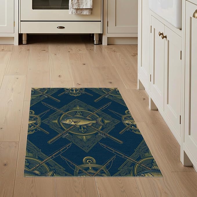 3'x5' Washable Area Rug Bass Nautical Wildlife Icons Lure Tackle Motif Border Fish Fishing Refined Non-Slip Chair-Friendly for Home Office, Hallway, Laundry Room