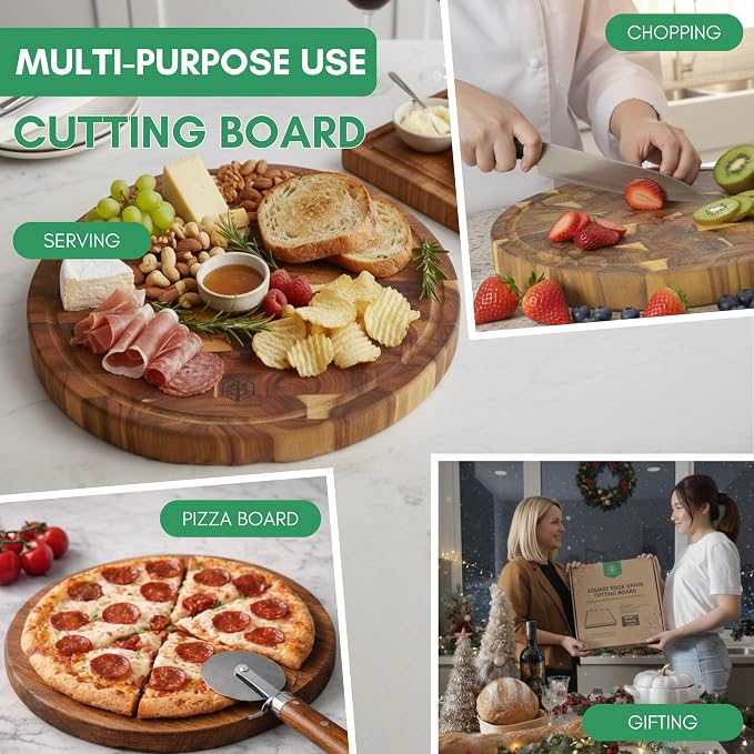 Round End Grain Acacia Wood Cutting Boards for Kitchen, 1.5 in Thick Butcher Block Construction for Stability, 12 x 12 in Round Cutting Boards with Gift Box, Juice Groove and Handle