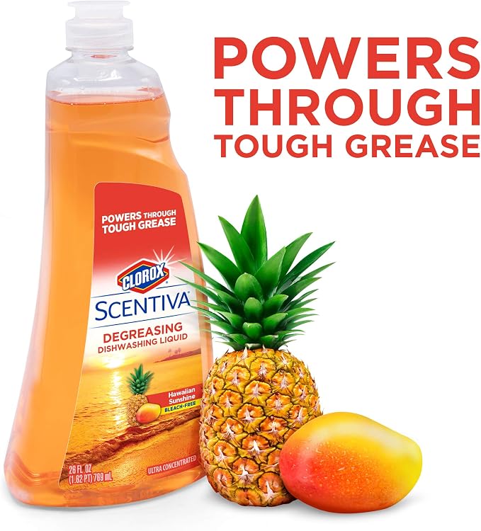 Clorox Scentiva Liquid Dish Soap, Hawaiian Sunshine Scent, Ultra-Concentrated Dishwashing Detergent, Grease Cutting Bleach-Free, 26 Fl Oz, 6 Pack
