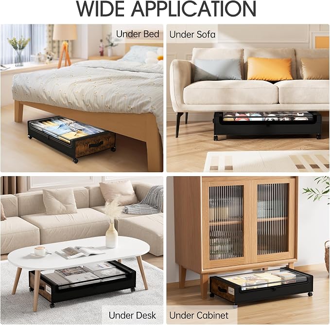 Yecaye Under Bed Storage with Wheels, 4 Pack Under Bed Storage Containers, Underbed Shoe Storage Organizer, Rolling Under Bed Metal Drawers for Clothes, Blankets, Brown