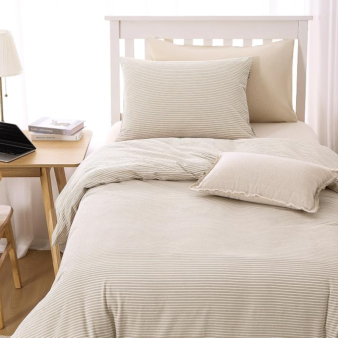 Wake In Cloud - Striped Cotton Duvet Cover Set, 100% Washed Cotton Textured Bedding Set, Ticking Stripe Pinstripe Farmhouse, 3 Pieces, Tan, Twin/Twin XL Size