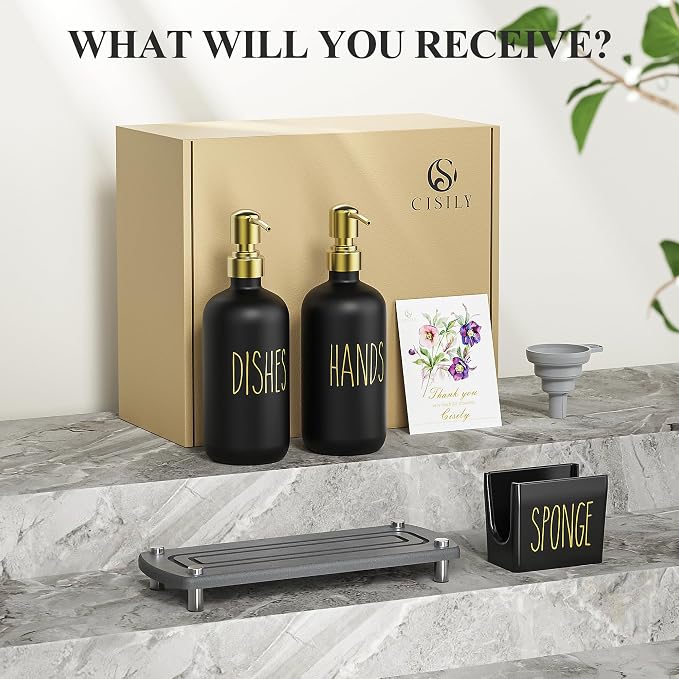 Cisily Kitchen Soap Dispenser Set Comes with Ceramics Sponge Holder, Gold Pumps, and Instant Dry Tray, Hand and Dish Soap Dispenser Set (4, Gold + Black + Sponge Holder)